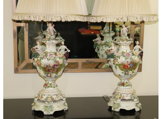 Superb Pair Of Handpainted European Porcelain Figural Lamps With Pleated Silk Shades  Cherub & Floral Detail