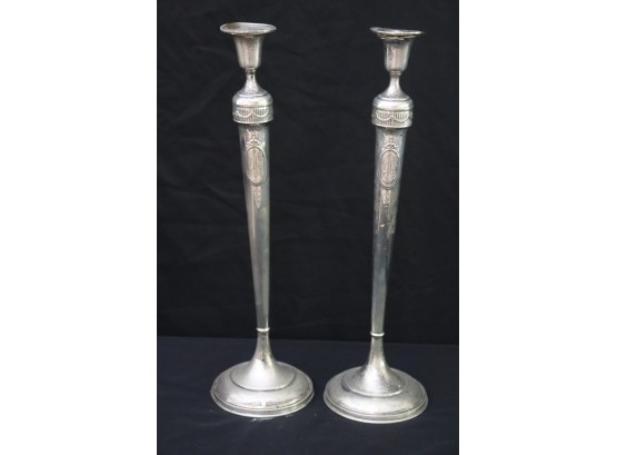 Antique Pair Of Tall Sterling Silver Weighted Candlesticks Ca.1915 - Belle Poque Era With Oval Medallion