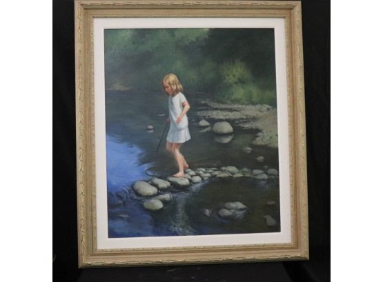Original Oil Painting In Gold Tone Carved Wood Frame Of Young Girl Walking On Stepping Stones Signed E.S. Devo