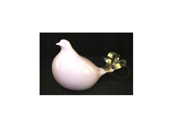 Fun Figurine Of Large Contemporary Bird With Metal Feather - Lavender Color Porcelain Body Is Truly Interestin
