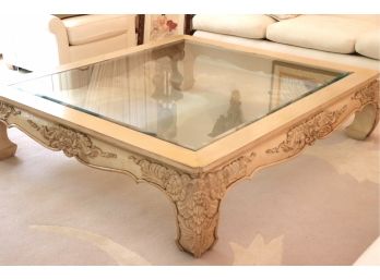 Oversized Coffee Table - Beveled Glass With Carved Detail On Corners & Floral Detail Along The Edges