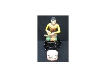 Carved Thai Figurine Of A Man With Drum Hand Painted On Wood Stand Includes Hand Painted Box From Portugal