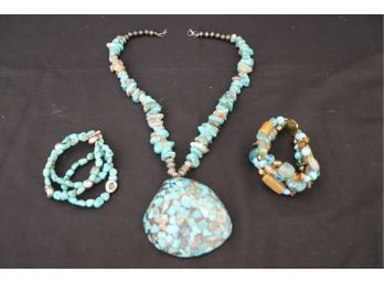 Cynthia Jane Bracelet & Polished Turquoise Embossed Shell & Turquoise Stone Strand Bracelet