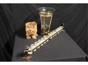 Dave Grossman 76 Pottery Lion, Tall Vase In Metal Twist Holder Long Votive Candle Holder Heavy Metal