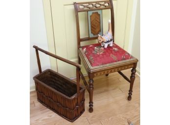 Vintage Accent Chair With Custom Upholstered Seat Includes Bamboo Style Basket & Hand Painted Cat