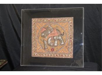 Vintage Beaded & Sequined Thai Needle Work In Relief Of Happy Elephant - Plexiglass Shadow Box Frame