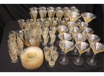 Gorgeous Collection Of Antique Etched Light Yellow Glass Stemware - Very Good Condition For Age