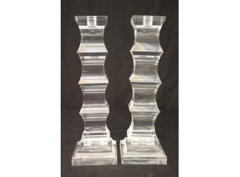Pair Of Interesting MCM Style Staggered Square Column Design Lucite Candlesticks