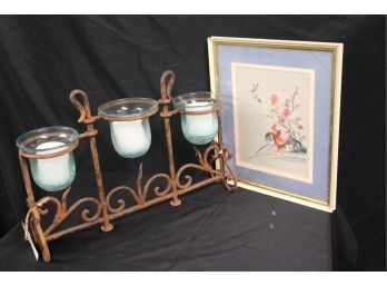 Rustic Wrought Iron Candle Holder By Girlfriends E. Norwich & Asian Design Embroidery On Silk