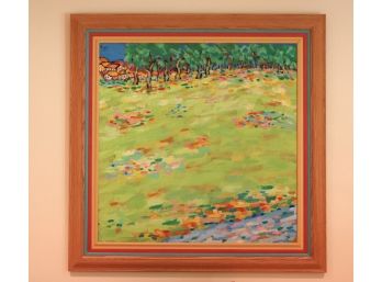 Signed Painting Of A Bright Landscape & Village By Michaels In A Quality Multicolored Frame