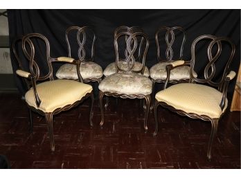 Set Of Six Vintage Dining Chairs With Elegant Intertwined Backrest, 2 Arm Chairs With Different Fabrics