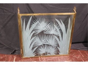 Gorgeous Frosted Etched Glass Fireplace Screen In Brass Frame
