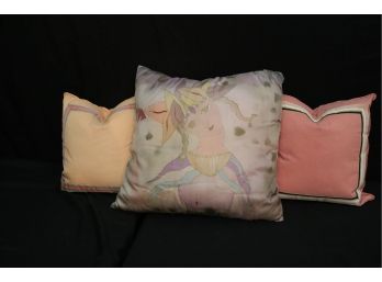 Group Of 3 Decorative Accent Pillows Featuring A Signed Hand Painted Silk Pillow Of An Amazing Mermaid