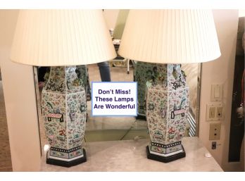 Pair Of Tall Gorgeous Vintage Asian Style Lamps With Embellished Detail