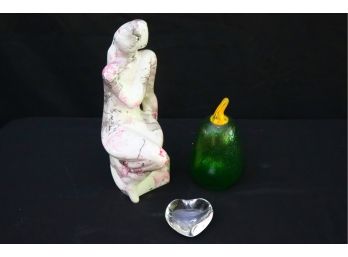 Signed Baccarat Crystal Heart With Funky Hand Painted Ceramic Female Figurine By Roa & Crackle Glass Eggplant