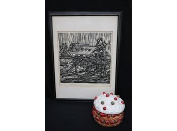 Vintage Wood Block Print In Black And White By Rubin And  Strawberry Container Italy