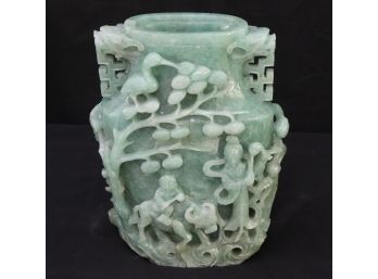 Large Impressive Carved Jade Vase W/ Floral Relief Design & Handles Featuring Foo Dogs/Figure In Flowing Robes