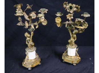 Pair Of Tall Vintage Brass Floral Candlestick Holders