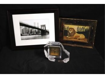 Lion Painting Eden - Signed Brooklyn Bridge - With Twin Towers In The Background & Mikasa Quartz Clock
