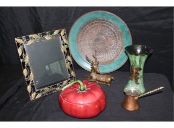 Unique Collection Includes Signed Pottery Wall Plate,Green Metal Vase,Copper Pot,Designer Frame & Bronze Deer