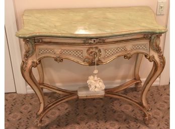 Vintage French Country Style Accent Table With A Painted Top To Look Like Marble & Carved Detail