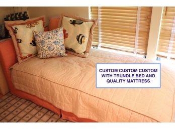 Twin Size Headboard & Trundle Mattress Bed Set With Custom Bedding & Pillows