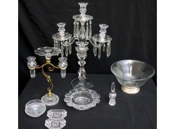 Decorative Glass Items - Candelabra  Crystals, Etched Glass Bowl With Silver Base & Floral Shaped Candlestick