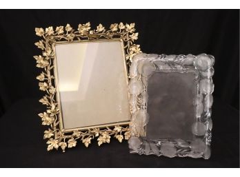 Gorgeous Frosted Floral Glass Picture Frame & Golden Tone Frame With Foliate Detail