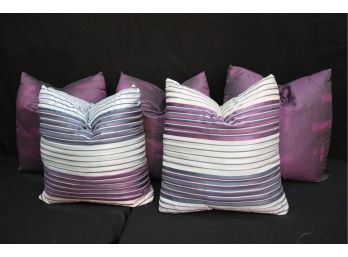 Group Of 5 Silk Decorative Accent Pillows, 2 Multicolor/Striped Sq Pillows & 3 Purple Abstract Design Pillows