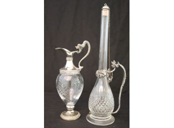 Vint Wine Decanter With Handle & Stopper Italian Made Plated Pitcher With Etched Design/ Serpent Handle