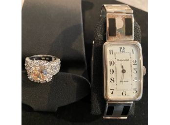 .800 SILVER PHILIP MANUAL WIND WATCH AND 925 BAND PLUS 14K WG BLING COCKTAIL RING SIZE 7.5