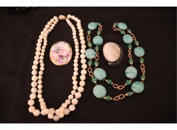 Womens Jewelry Includes Polished Stone Necklace, Floral Pin, Layered Pearl Style Necklace & Mop Pin