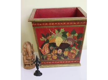 Beautiful Hand Painted Planter Box With Fruit Harvest Detail & Carved Ganesh Figurine