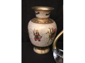 Vintage Kashmiri Warrior Hand Painted/Engraved Brass Vase & Miniature Scene In Bone Frame