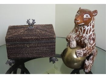 Gorgeous Maitland Smith Footed Trinket Box With Raised Trunk Elephant Detail & Carved Wood Bear
