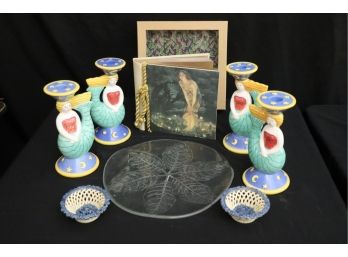 Hand Painted Mermaid Candlesticks, Glass Platter With Decorative Leaf Design &  Photo Album With Nymph & Fairy