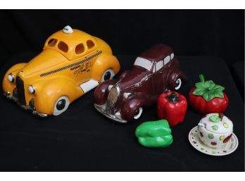 Hand Painted & Signed Antique Car & Taxi Design Cookie Jars With Red & Green Bell Peppers Salt & Pepper Shaker