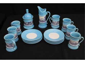 Unique Light Blue Coffee Set With Contrasting Toile Design By Sicas Made In Italy