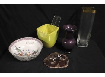 Decorative Collection -Seagulls Painted Stone By WRA- Vase By Laslo  & Asian Serving Bowl By Peking East