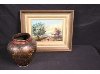 Signed Painting By A. Peres & Hand Painted Vase