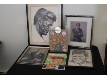 JFK -  Includes Mounted Coins, Sketch Print By Williams, Times 1975 Magazine, Framed Piece By Ceballos