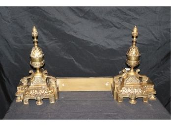 Decorative Brass Garniture/ Fancy Andirons With Acorn Finial And Decorative Wall Mount