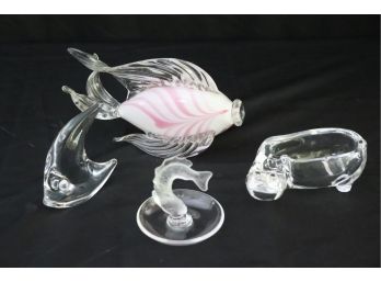 Decorative Glass Items Includes Lalique Fish Ring Dish, Glass Sailfish, Pink Striped Kissing Fish & Hippo