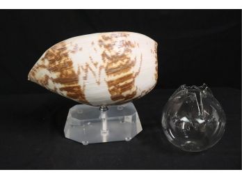 Collection Includes Blown Glass Bowl By Firelight Glass & Large Decorative Shell Art On Lucite Base
