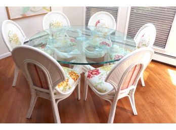 Gorgeous Etched Glass Table With Carved Design Signed By Artist Shefts Metal Base & 6 Painted  Chairs