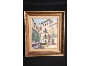 Signed Painting By Moreno- Italian Villa Painted In Pretty Wood Frame Cityscape