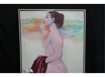 Nude Portrait Of A Confident Woman With Purple Shawl In White Lucite Frame & Pretty Bisque  Pitcher