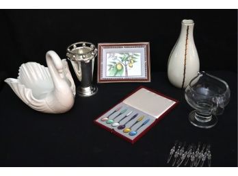 Decorative Collection Includes Danish Sterling & Enamel Demitasse Spoons, Appetizer Forks, Lenox Swan & Vase