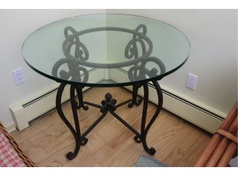 Amazing Substantial Side Table With Ornate Wrought Iron Base & Quality Thick Glass Top!