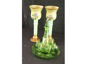 Hand Painted Green Glass Items Including Decanter With 6 Painted Liquor Glasses & Pair Of Frosted Candlesticks